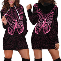 New Zealand Breast Cancer Awareness Hoodie Dress Maori Butterfly Pink Ribbon Black Version - Polynesian Pride