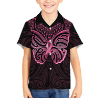 New Zealand Breast Cancer Awareness Kid Hawaiian Shirt Maori Butterfly Pink Ribbon Black Version - Polynesian Pride
