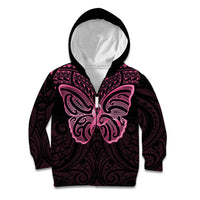 New Zealand Breast Cancer Awareness Kid Hoodie Maori Butterfly Pink Ribbon Black Version - Polynesian Pride