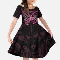New Zealand Breast Cancer Awareness Kid Short Sleeve Dress Maori Butterfly Pink Ribbon Black Version - Polynesian Pride