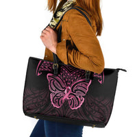 New Zealand Breast Cancer Awareness Leather Tote Bag Maori Butterfly Pink Ribbon Black Version - Polynesian Pride