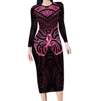 New Zealand Breast Cancer Awareness Long Sleeve Bodycon Dress Maori Butterfly Pink Ribbon Black Version - Polynesian Pride
