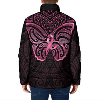 New Zealand Breast Cancer Awareness Padded Jacket Maori Butterfly Pink Ribbon Black Version - Polynesian Pride