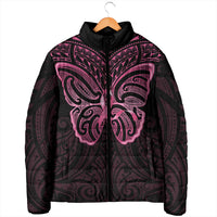 New Zealand Breast Cancer Awareness Padded Jacket Maori Butterfly Pink Ribbon Black Version - Polynesian Pride