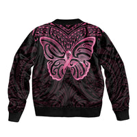 New Zealand Breast Cancer Awareness Sleeve Zip Bomber Jacket Maori Butterfly Pink Ribbon Black Version - Polynesian Pride