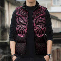 New Zealand Breast Cancer Awareness Sleeveless Puffer Jacket Maori Butterfly Pink Ribbon Black Version - Polynesian Pride