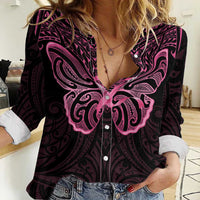 New Zealand Breast Cancer Awareness Women Casual Shirt Maori Butterfly Pink Ribbon Black Version - Polynesian Pride