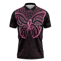 New Zealand Breast Cancer Awareness Zipper Polo Shirt Maori Butterfly Pink Ribbon Black Version - Polynesian Pride