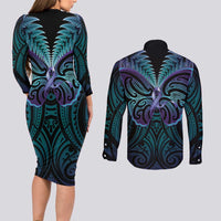 Suicide Prevention New Zealand Couples Matching Long Sleeve Bodycon Dress and Long Sleeve Button Shirt Aotearoa Maori Butterfly Mix Silver Fern - Polynesian Pride