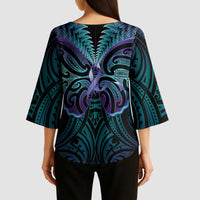 Suicide Prevention New Zealand Kimono Sleeve Blouse Aotearoa Maori Butterfly Mix Silver Fern - Polynesian Pride