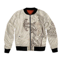 Beige Hawaii Bomber Jacket Hammerhead Shark Tattoo Curve Polynesian - Polynesian Pride