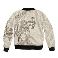 Beige Hawaii Bomber Jacket Hammerhead Shark Tattoo Curve Polynesian - Polynesian Pride
