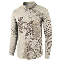 Beige Hawaii Button Sweatshirt Hammerhead Shark Tattoo Curve Polynesian - Polynesian Pride