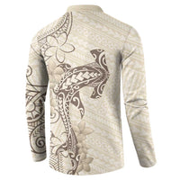 Beige Hawaii Button Sweatshirt Hammerhead Shark Tattoo Curve Polynesian - Polynesian Pride