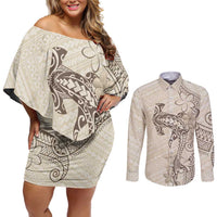 Beige Hawaii Couples Matching Off Shoulder Short Dress and Long Sleeve Button Shirt Hammerhead Shark Tattoo Curve Polynesian - Polynesian Pride