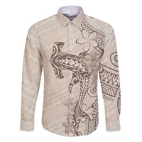 Beige Hawaii Family Matching Off Shoulder Maxi Dress and Hawaiian Shirt Hammerhead Shark Tattoo Curve Polynesian - Polynesian Pride