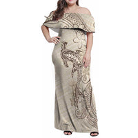 Beige Hawaii Family Matching Off Shoulder Maxi Dress and Hawaiian Shirt Hammerhead Shark Tattoo Curve Polynesian - Polynesian Pride