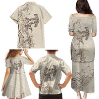 Beige Hawaii Family Matching Puletasi and Hawaiian Shirt Hammerhead Shark Tattoo Curve Polynesian - Polynesian Pride