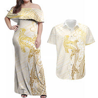Gold and White Hawaii Couples Matching Off Shoulder Maxi Dress and Hawaiian Shirt Hammerhead Shark Tattoo Curve Polynesian - Polynesian Pride