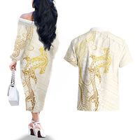 Gold and White Hawaii Couples Matching Off The Shoulder Long Sleeve Dress and Hawaiian Shirt Hammerhead Shark Tattoo Curve Polynesian - Polynesian Pride