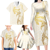 Gold and White Hawaii Family Matching Long Sleeve Bodycon Dress and Hawaiian Shirt Hammerhead Shark Tattoo Curve Polynesian LT14 - Polynesian Pride