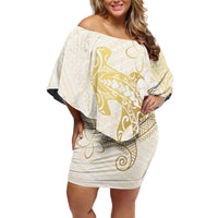 Gold and White Hawaii Family Matching Off Shoulder Short Dress and Hawaiian Shirt Hammerhead Shark Tattoo Curve Polynesian - Polynesian Pride