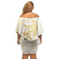 Gold and White Hawaii Family Matching Off Shoulder Short Dress and Hawaiian Shirt Hammerhead Shark Tattoo Curve Polynesian - Polynesian Pride