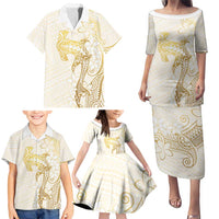 Gold and White Hawaii Family Matching Puletasi and Hawaiian Shirt Hammerhead Shark Tattoo Curve Polynesian - Polynesian Pride