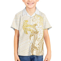 Gold and White Hawaii Family Matching Puletasi and Hawaiian Shirt Hammerhead Shark Tattoo Curve Polynesian - Polynesian Pride
