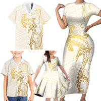 Gold and White Hawaii Family Matching Short Sleeve Bodycon Dress and Hawaiian Shirt Hammerhead Shark Tattoo Curve Polynesian LT14 - Polynesian Pride
