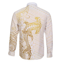Gold and White Hawaii Family Matching Short Sleeve Bodycon Dress and Hawaiian Shirt Hammerhead Shark Tattoo Curve Polynesian LT14 - Polynesian Pride