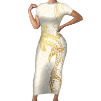 Gold and White Hawaii Family Matching Short Sleeve Bodycon Dress and Hawaiian Shirt Hammerhead Shark Tattoo Curve Polynesian LT14 Mom's Dress White - Polynesian Pride