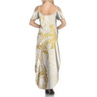 Gold and White Hawaii Family Matching Summer Maxi Dress and Hawaiian Shirt Hammerhead Shark Tattoo Curve Polynesian - Polynesian Pride