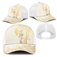 Gold and White Hawaii Mesh Trucker Cap Hammerhead Shark Tattoo Curve Polynesian - Polynesian Pride