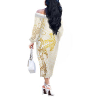 Gold and White Hawaii Off The Shoulder Long Sleeve Dress Hammerhead Shark Tattoo Curve Polynesian - Polynesian Pride