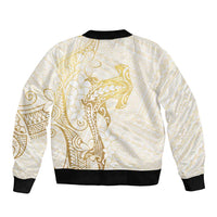 Gold and White Hawaii Sleeve Zip Bomber Jacket Hammerhead Shark Tattoo Curve Polynesian - Polynesian Pride