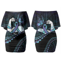 Personalised Polynesia Suicide Prevention Month Couples Matching Off Shoulder Short Dress and Hawaiian Shirt Brave Strong Butterfly Teal Purple Ribbon