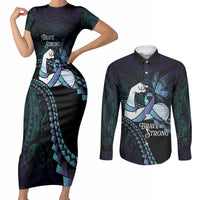 Personalised Polynesia Suicide Prevention Month Couples Matching Short Sleeve Bodycon Dress and Long Sleeve Button Shirt Brave Strong Butterfly Teal Purple Ribbon