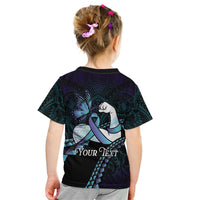 Personalised Polynesia Suicide Prevention Month Kid T Shirt Brave Strong Butterfly Teal Purple Ribbon