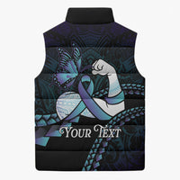 Personalised Polynesia Suicide Prevention Month Sleeveless Puffer Jacket Brave Strong Butterfly Teal Purple Ribbon