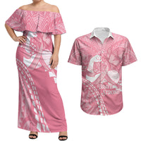 Personalised Polynesia Breast Cancer Awareness Couples Matching Off Shoulder Maxi Dress and Hawaiian Shirt Brave Strong Butterfly Pink Ribbon