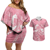 Personalised Polynesia Breast Cancer Awareness Couples Matching Off Shoulder Short Dress and Hawaiian Shirt Brave Strong Butterfly Pink Ribbon