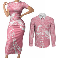 Personalised Polynesia Breast Cancer Awareness Couples Matching Short Sleeve Bodycon Dress and Long Sleeve Button Shirt Brave Strong Butterfly Pink Ribbon