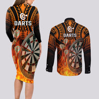 Personalised Polynesian Darts Couples Matching Long Sleeve Bodycon Dress and Long Sleeve Button Shirts Fire Burning With Tribal Tattoo LT14 - Polynesian Pride