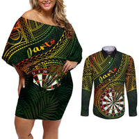 Personalised Polynesian Darts Couples Matching Off Shoulder Short Dress and Long Sleeve Button Shirts Dart Lovers Tribal Pattern Mix Tropical Leaves LT14 Reggae - Polynesian Pride