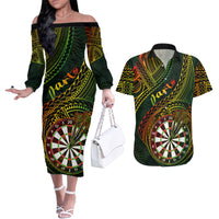 Personalised Polynesian Darts Couples Matching Off The Shoulder Long Sleeve Dress and Hawaiian Shirt Dart Lovers Tribal Pattern Mix Tropical Leaves LT14 Reggae - Polynesian Pride