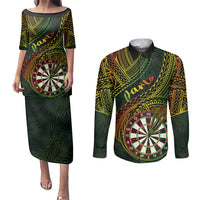 Personalised Polynesian Darts Couples Matching Puletasi Dress and Long Sleeve Button Shirts Dart Lovers Tribal Pattern Mix Tropical Leaves LT14 Reggae - Polynesian Pride