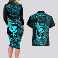 Hawaii Couples Matching Long Sleeve Bodycon Dress and Hawaiian Shirt Fish Hook Tattoo Mix Polynesian Plumeria Turquoise Version LT14 - Polynesian Pride