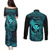 Hawaii Couples Matching Puletasi Dress and Long Sleeve Button Shirts Fish Hook Tattoo Mix Polynesian Plumeria Turquoise Version LT14 - Polynesian Pride