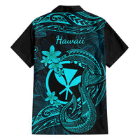 Hawaii Family Matching Off Shoulder Short Dress and Hawaiian Shirt Fish Hook Tattoo Mix Polynesian Plumeria Turquoise Version LT14 - Polynesian Pride
